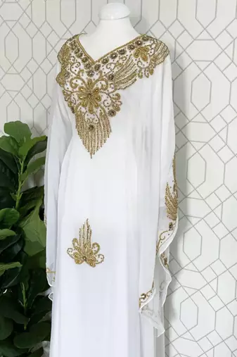 White Wedding Zari Embroidered Georgette Stitched Stone Work Long Sleeve Dresses