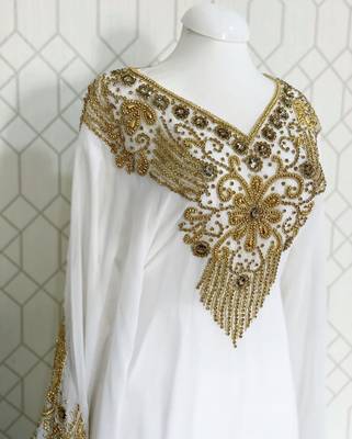 White Wedding Zari Embroidered Georgette Stitched Stone Work Long Sleeve Dresses 3