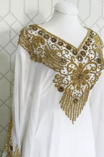 White Wedding Zari Embroidered Georgette Stitched Stone Work Long Sleeve Dresses