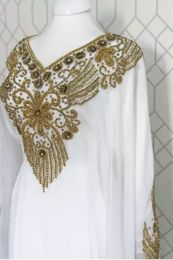 White Wedding Zari Embroidered Georgette Stitched Stone Work Long Sleeve Dresses