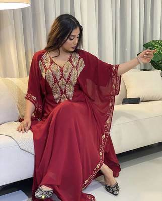 Burgundy Zari Embroidered Stone Work Georgette Stitched Wedding Party Wear Dresses 1
