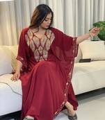 Burgundy Zari Embroidered Stone Work Georgette Stitched Wedding Party Wear Dresses