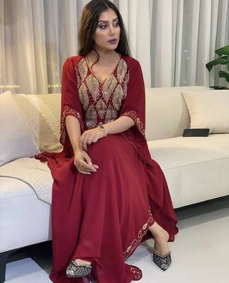 Burgundy Zari Embroidered Stone Work Georgette Stitched Wedding Party Wear Dresses 3