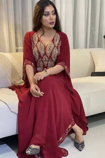 Burgundy Zari Embroidered Stone Work Georgette Stitched Wedding Party Wear Dresses
