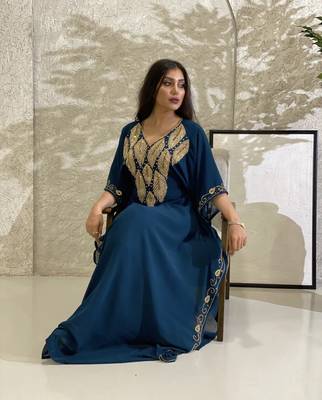 Turquoise Zari Embroidered Stone Work Georgette Stitched Wedding Party Wear Dresses 1