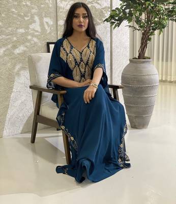Turquoise Zari Embroidered Stone Work Georgette Stitched Wedding Party Wear Dresses 3