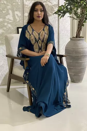 Turquoise Zari Embroidered Stone Work Georgette Stitched Wedding Party Wear Dresses