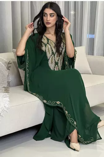Green Zari Embroidered Stone Work Georgette Casual Stitched Wedding Party Wear Dress