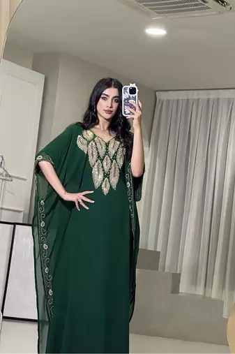 Green Zari Embroidered Stone Work Georgette Casual Stitched Wedding Party Wear Dress