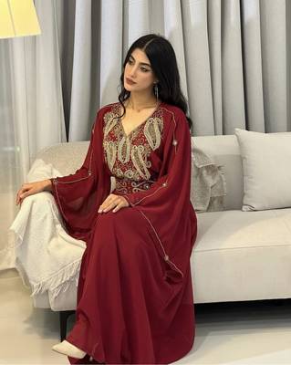 Burgundy Zari Embroidered Stone Work Georgette Casual Stitched Wedding Party Wear Dress 1