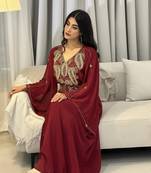 Burgundy Zari Embroidered Stone Work Georgette Casual Stitched Wedding Party Wear Dress