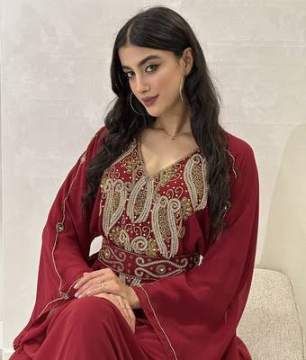Burgundy Zari Embroidered Stone Work Georgette Casual Stitched Wedding Party Wear Dress 2