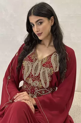 Burgundy Zari Embroidered Stone Work Georgette Casual Stitched Wedding Party Wear Dress