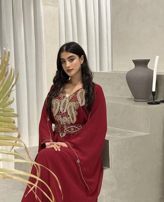 Burgundy Zari Embroidered Stone Work Georgette Casual Stitched Wedding Party Wear Dress 3
