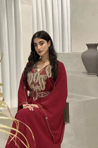 Burgundy Zari Embroidered Stone Work Georgette Casual Stitched Wedding Party Wear Dress