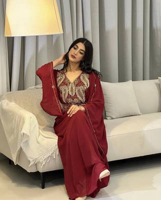 Burgundy Zari Embroidered Stone Work Georgette Casual Stitched Wedding Party Wear Dress 4