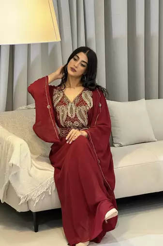 Burgundy Zari Embroidered Stone Work Georgette Casual Stitched Wedding Party Wear Dress