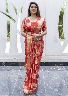 Red Bandhej Banarasi Style of silk Bland zari weaaving saree with Blouse 1