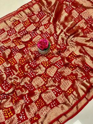 Red Bandhej Banarasi Style of silk Bland zari weaaving saree with Blouse 4