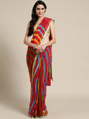 Hand Dyed Red Bandhani Chiffon Sustainable Saree 1