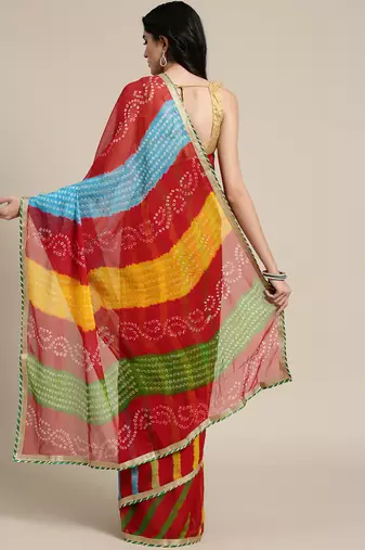 Hand Dyed Red Bandhani Chiffon Sustainable Saree
