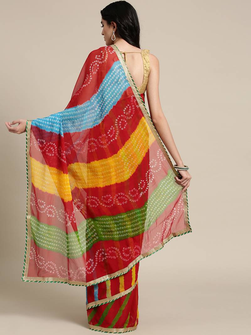Hand Dyed Red Bandhani Chiffon Sustainable Saree