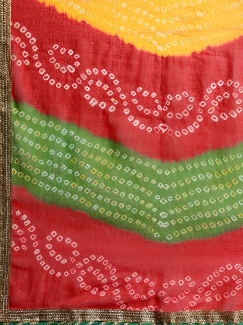 Hand Dyed Red Bandhani Chiffon Sustainable Saree
