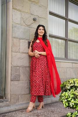 Red Color Rayon Nayra Cut Suit Set 1