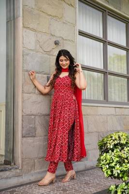 Red Color Rayon Nayra Cut Suit Set 4