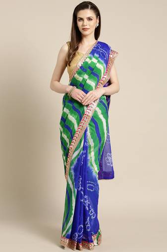 Hand Dyed Blue & Green Bandhani Chiffon Sustainable Saree