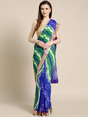 Hand Dyed Blue & Green Bandhani Chiffon Sustainable Saree 1