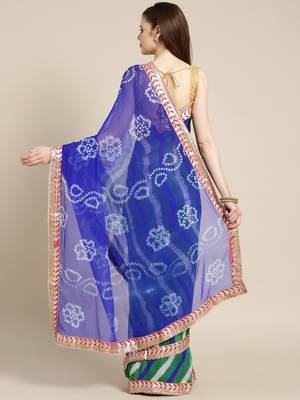 Hand Dyed Blue & Green Bandhani Chiffon Sustainable Saree 2