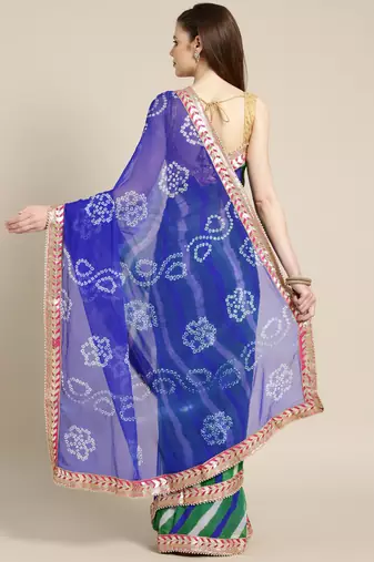 Hand Dyed Blue & Green Bandhani Chiffon Sustainable Saree