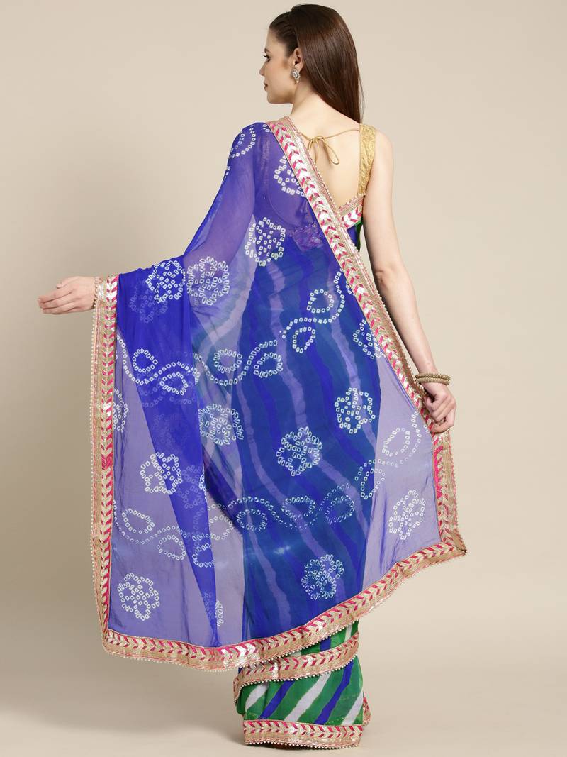 Hand Dyed Blue & Green Bandhani Chiffon Sustainable Saree