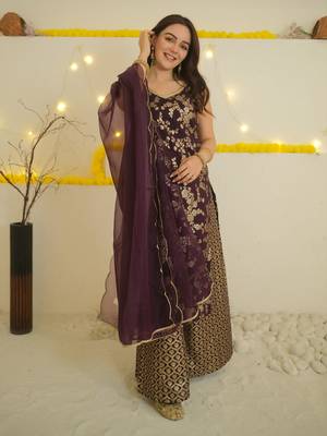 Janasya women's purple brocade woven design kurta with palazzo and dupatta 1