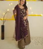 Janasya women's purple brocade woven design kurta with palazzo and dupatta