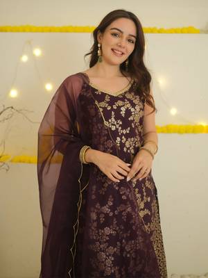 Janasya women's purple brocade woven design kurta with palazzo and dupatta 2