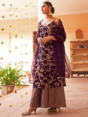 Janasya women's purple brocade woven design kurta with palazzo and dupatta 3