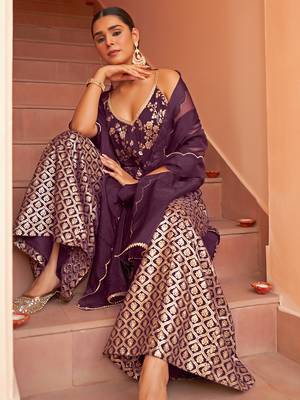 Janasya women's purple brocade woven design kurta with palazzo and dupatta 4