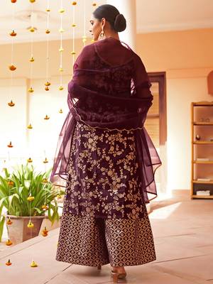 Janasya women's purple brocade woven design kurta with palazzo and dupatta 5