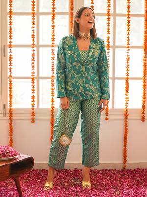 Janasya women's rama green brocade woven design top with straight pant and jacket 1