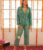 Janasya women's rama green brocade woven design top with straight pant and jacket