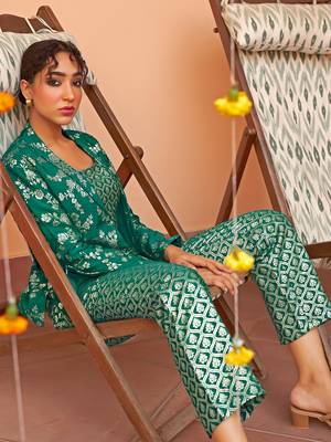 Janasya women's rama green brocade woven design top with straight pant and jacket 4