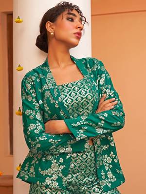 Janasya women's rama green brocade woven design top with straight pant and jacket 5
