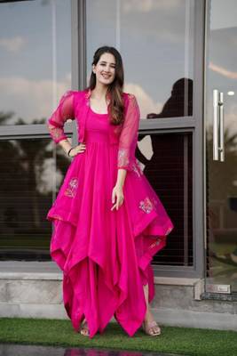 Pink Asymmetrical Organza Jacket Set 1