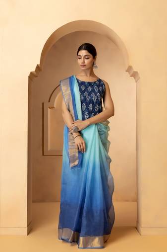 Blue & Gold-Toned Tie and Dye Pure Silk Kota Saree