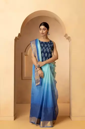 Blue & Gold-Toned Tie and Dye Pure Silk Kota Saree