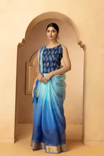 Blue & Gold Toned Tie and Dye Pure Silk Kota Saree