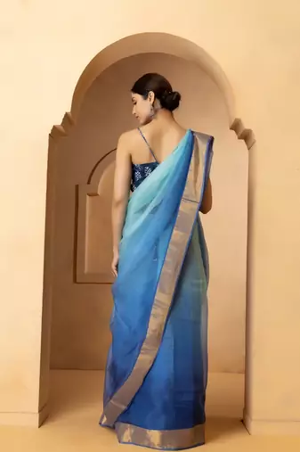 Blue & Gold Toned Tie and Dye Pure Silk Kota Saree