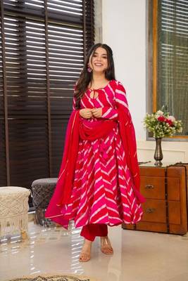 Pink Leheriya Organza Anarkali Suit Set 1